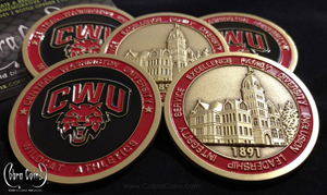 Central Washington University CWU Wildcat Athletics coin 1891
2D logo Front and 3D Buildings Back Antique Brass cobra coins cobracoins.com